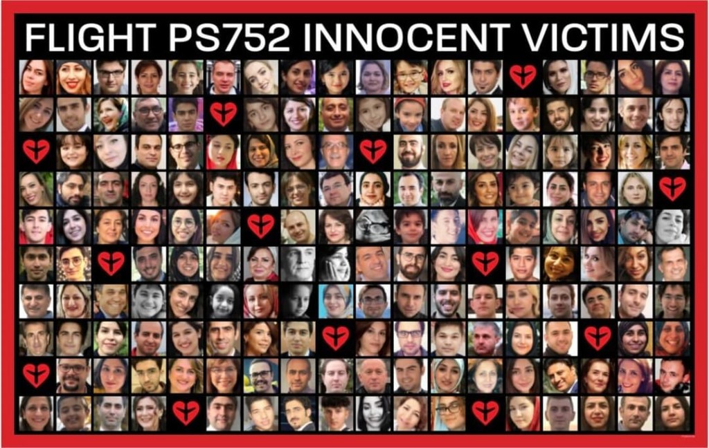 A collage of portraits of the people killed aboard Flight PS752, titled Flight PS752 Innocent Victims.